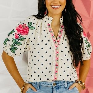 THML Floral Embroidered Polka Dot Blouse